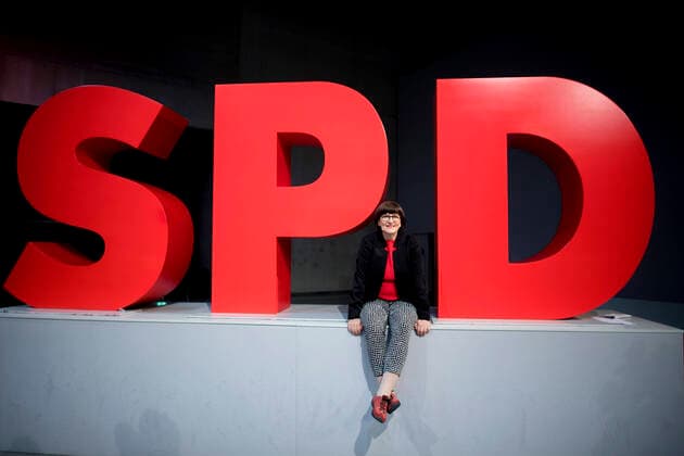 Saskia Esken, SPD DEU, Deutschland, Germany, Berlin, 08.12.2019 Saskia Esken, die neue Parteivorsitzende der SPD, vor dem Logo auf dem Parteitag der SPD unter dem Motto In Die Neue Zeit in Berlin. Portrait Saskia Esken, the new elected co-leader of the German Social Democrats SPD, in front of the Logo at the SPD federal party congress on December 8, 2019 in Berlin, Germany. SPD members nationwide voted for the pair and delegates are expected to confirm their election. Their election has raised concerns that, because the two pushed a markedly left-wing platform, the SPD might break from its governing coalition