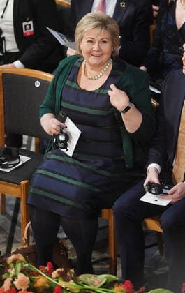 Norwegian Prime Minister Erna Solberg attends the Nobel Peace Prize ceremony at City Hall in Oslo on December 10, 2019.  LON20191210109 RUNExHELLESTAD