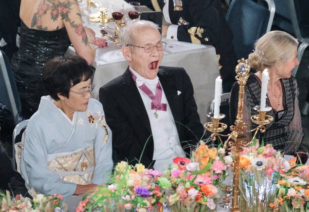 Japanese scientist Yoshino wins Nobel Prize Japanese scientist Akira Yoshino, one of three winners of the 2019 Nobel Prize in chemistry, yawns during the Nobel Banquet in Stockholm on Dec. 10, 2019. Pictured left from Yoshino is his wife Kumiko. (Pool photo) 