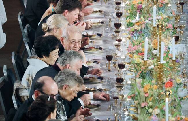 Japanese scientist Yoshino wins Nobel Prize Japanese scientist Akira Yoshino (6th from front), one of three winners of the 2019 Nobel Prize in chemistry, and his wife Kumiko (5th from front) attend the Nobel Banquet in Stockholm on Dec. 10, 2019. (Pool photo) 