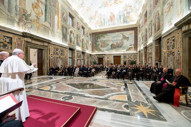 NO FRANCE - NO SWITZERLAND: December 13,2019 : Pope Francis receives in audience the Organizers and artists of the Christmas Concert in the Vatican EDITORIAL USE ONLY. NOT FOR SALE FOR MARKETING OR ADVERTISING CAMPAIGNS.  Copyright: xÂ©VaticanxMedia CPPx xIPAx xCatholicxPressxPhotox