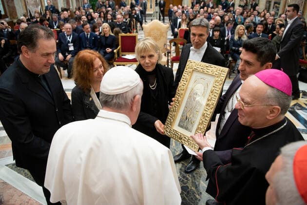 NO FRANCE - NO SWITZERLAND: December 13,2019 : Pope Francis receives in audience the Organizers and artists of the Christmas Concert in the Vatican EDITORIAL USE ONLY. NOT FOR SALE FOR MARKETING OR ADVERTISING CAMPAIGNS.  Copyright: xÂ©VaticanxMedia CPPx xIPAx xCatholicxPressxPhotox
