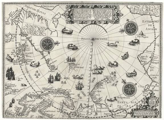 Map of the Arctic, 1598 Description of the three seylagien done by the Dutch (... ) by Willem Barendsz (title on object), Circumpolar map of the Arctic on the upper left Greenland and a piece of North America, on the right the north coast of Russia (including the Beringstraat which is here called the Straits of Anian). Among Scotland, the Netherlands, Scandinavia, Russia and Nova Zembla, the undiscovered coasts are not drawn. The Barendsz route has been drawn with dots and ships. Furthermore, Bear Island and Spitsbergen. In the sea whales, walruses and seals., Maps of separate countries or regions, marine charts, North Pole, Nova Zembla, Russia, Willem Barendsz, Jacob van Heemskerck, Willem Barendsz (mentioned on object), Amsterdam, 1598, paper, engraving, h 41.7 cm x w 56.8 cm  Copyright Artokoloro LCK_190715_034426