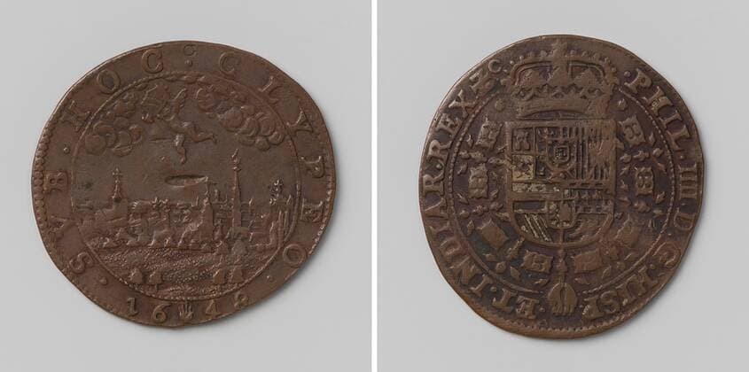 Peace of Munster, counted token in honor of Philip IV, king of Spain, ordered by the city of Brussels, Copper Medal. Obverse: angel with coat of arms, flying in clouds above the city of Brussels within an inscription. Reverse: crowned coat of arms, hanging with the order of the Golden Fleece within the circumference, Brussels, Münster, Philip IV (King of Spain), anonymous, Antwerp, 1648, copper (metal), striking (metalworking), d 3.2 cm x w 5.81 gr  Copyright Artokoloro LCK_190715_040744