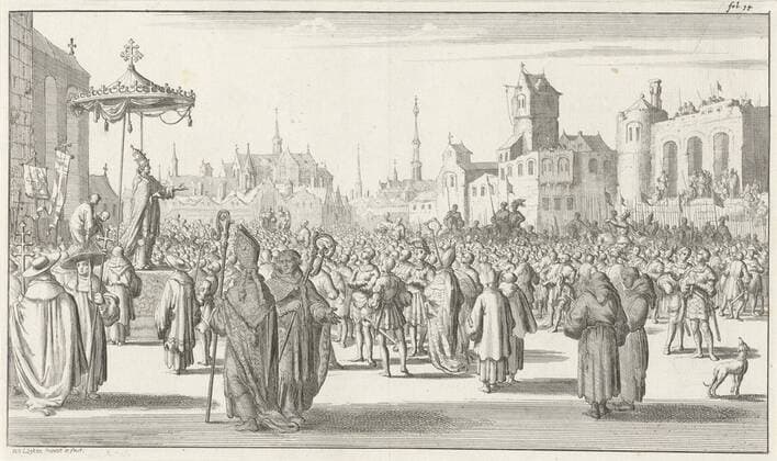 Pope Urban II preaches the first crusade, Print marked upper right: fol. 14, militant proselytizing: religious war, crusade, etc, pope, Urbanus II, Jan Luyken (mentioned on object), Amsterdam, 1683, paper, etching, h 168 mm x w 283 mm Copyright Artokoloro LCK_190715_049070
