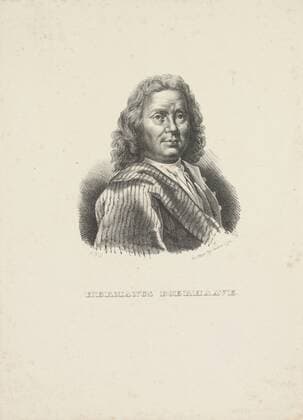 Portrait of Herman Boerhaave, The person portrayed is wearing a striped jacket. Under the portrait his name., Historical persons ((full) bust portrait), Hermanus Boerhaave, Gerhardus Fredericus Eilbracht (mentioned on object), The Hague, 1826 - 1854, paper, h 220 mm x w 158 mm  Copyright Artokoloro LCK_190715_049640