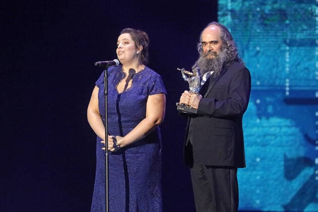 MOSCOW, RUSSIA - DECEMBER 18, 2019: Expert in Soviet-Jewish folklore, History professor at the University of Toronto Anna Shternshis (L) and singer-songwriter and philologist Psoy Korolenko, the winners of the Cultural Event of the Year prize, during a ceremony to present the 18th Fiddler on the Roof awards of the Federation of Jewish Communities of Russia at the State Kremlin Palace. First introduced in 2001, the annual Fiddler on the Roof awards celebrate notable contributions into the development of Russia s Jewish community in public activities, arts and culture. Mikhail Japaridze TASS  TS0C7D3C