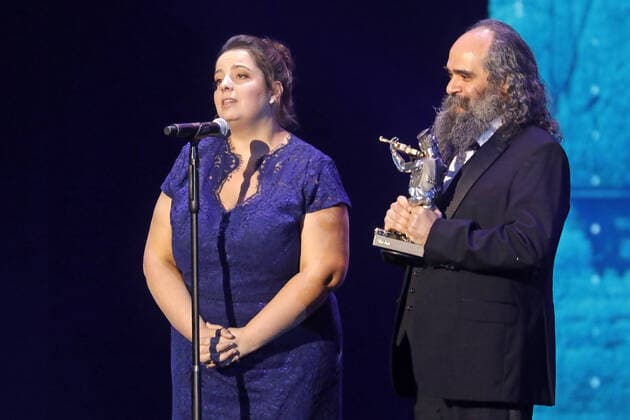 MOSCOW, RUSSIA - DECEMBER 18, 2019: Expert in Soviet-Jewish folklore, History professor at the University of Toronto Anna Shternshis (L) and singer-songwriter and philologist Psoy Korolenko, the winners of the Cultural Event of the Year prize, during a ceremony to present the 18th Fiddler on the Roof awards of the Federation of Jewish Communities of Russia at the State Kremlin Palace. First introduced in 2001, the annual Fiddler on the Roof awards celebrate notable contributions into the development of Russia s Jewish community in public activities, arts and culture. Mikhail Japaridze TASS  TS0C7D3D