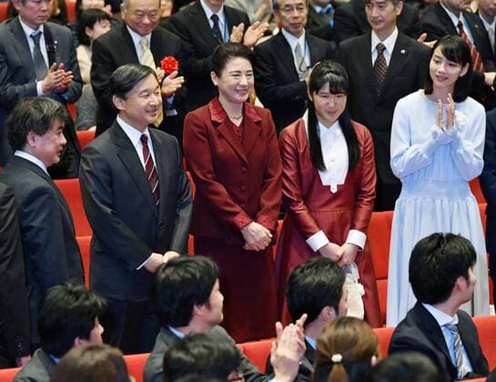 Japan emperor s family at charity screening Japanese Emperor Naruhito (2nd from L), Empress Masako and their daughter Princess Aiko attend a charity screening of In This Corner (and Other Corners) of the World, an animation depicting wartime daily lives of citizens in Hiroshima, in Tokyo on Dec. 18, 2019. Director Sunao Katabuchi and Non who did voice acting of the story s main character can be seen on the far left and right, respectively on the row. (Pool Photo) 