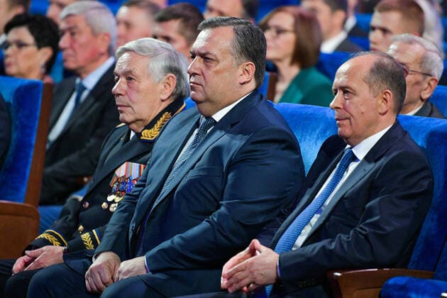MOSCOW, RUSSIA - DECEMBER 19, 2019: Russian Federal Security Service (FSB) Chief Alexander Bortnikov and Russian Federal Protective Service Head Dmitry Kochnev (R-L) at a concert marking Russian Security Agency Officer Day. Alexei Druzhinin Russian Presidential Press and Information Office TASS  TS0C7F37