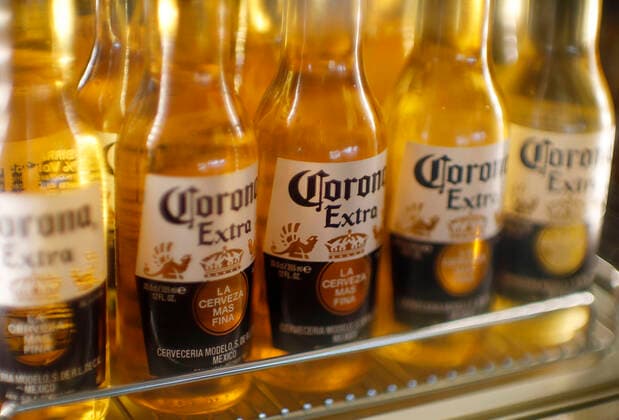 Eupen, Belgium, Soccer, Jupiler Pro League, KAS Eupen In the club restaurant of KAS Eupen at Kehrweg in Eupen, bottles of the Mexican beer Corona Extra are cooled in a small refrigerator
