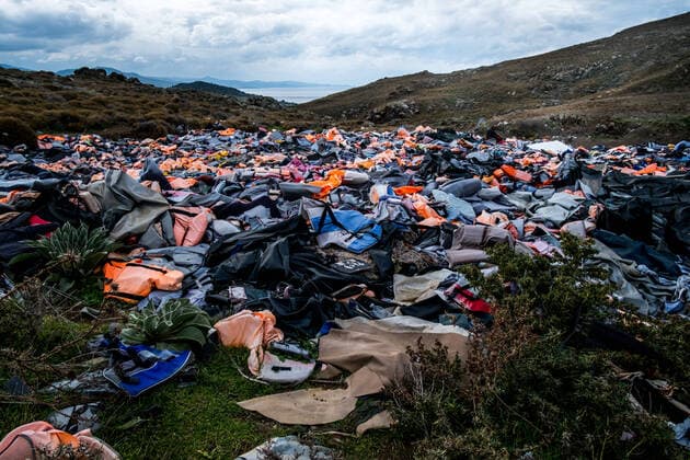 Life jackets cemetery on the island of Lesbos. The municipal landfill of the city of Molivos has become the place where lifejackets and boats used by refugees to cross from Turkey are stored. Molivos. Lesbos. Greece. December 14, 2019.  MichaelxBunelx xLexPictorium LePictorium_0222164