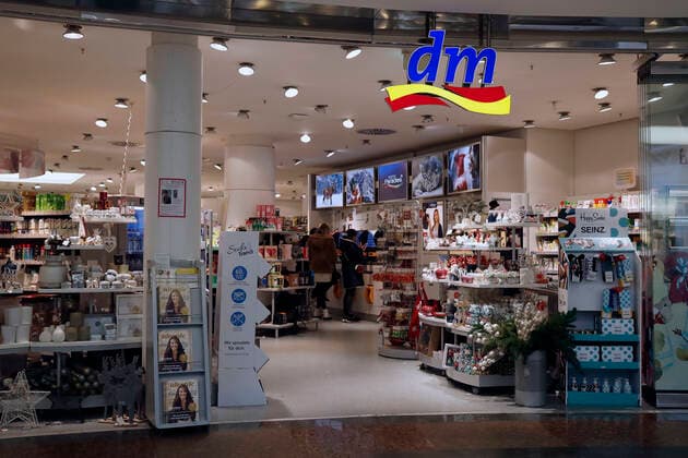 Düsseldorf, Germany, 21 12 2019 The entrance to a branch of the drugstore chain DM in the Schadow Arkaden in downtown Düsseldorf