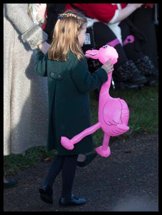 . 25 12 2019. Sandringham, United Kingdom. Princess Charlotte carries a inflatable flamingo given to her by a well wisher as she leaves the Christmas Day church service at Sandringham in Norfolk, United Kingdom.  xStephenxLockx xi-Imagesx IIM-20597-0064