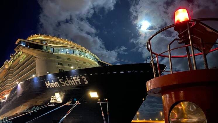 Cruise ship My ship 3 in the port of Arresife, Lighthouse, Night, Lighted, Festival, Moored, Passenger, Holiday, Leisure, Bow
