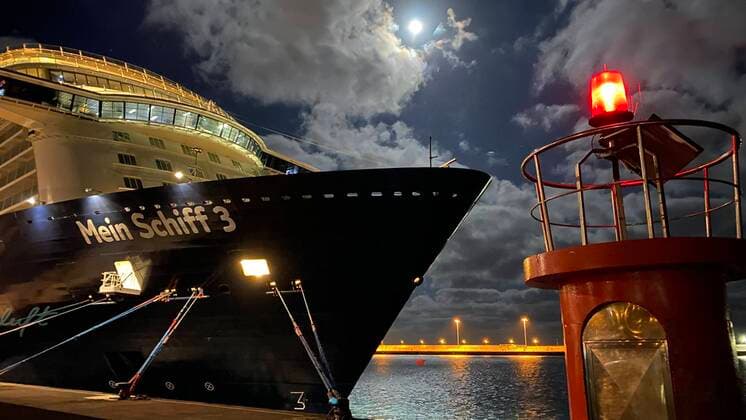 Cruise ship My ship 3 in the port of Arresife, Lighthouse, Night, Lighted, Festival, Moored, Passenger, Holiday, Leisure, Bow
