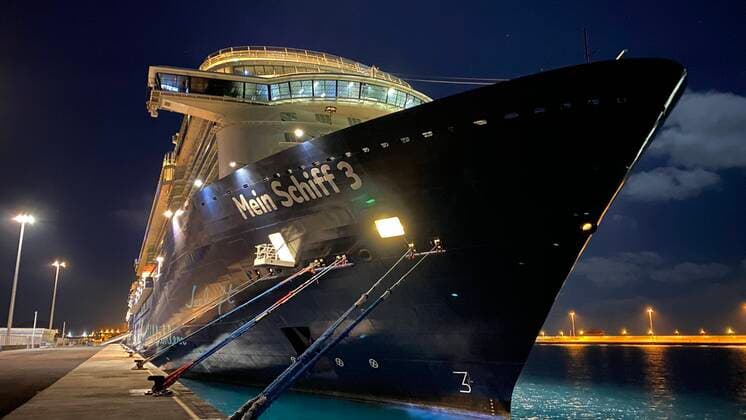 Cruise ship My ship 3 in the port of Arresife, Lighthouse, Night, Lighted, Festival, Moored, Passenger, Holiday, Leisure, Bow