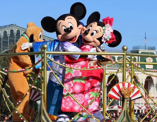 January 1, 2020, Urayasu, Japan - Disney characters Mickey and Minnie Mouse in traditional kimono dresses greet guests from a float during a New Year s Day parade at the Tokyo Disneyland in Urayasu, suburban Tokyo on Wednesday, January 1, 2020.  (119201192)