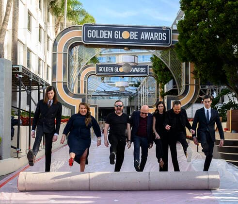 January 3, 2020, Beverly Hills, California, U.S.: DYLAN BROSNAN, AMY THURLOW, RICKY GERVAIS, LORENTZO SORIA, LINDA GIERAHN, BARRY EDELMAN and LUKE BROSNAN at the Golden Globes Red Carpet Roll Out at the Beverly Hilton in Beverly Hills. Beverly Hills U.S. - ZUMAz03_ 20200103_sha_z03_636 Copyright: xHFPAx