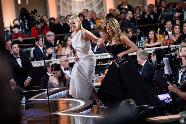 Reese Witherspoon and Jennifer Aniston present the award for Best Performance by an Actor in a Television Series - Musical or Comedy at the 77th Annual Golden Globe Awards at the Beverly Hilton in Beverly Hills, CA on Sunday, January 5, 2020.  Copyright: xHFPAxPhotographerx 33938-151PLX