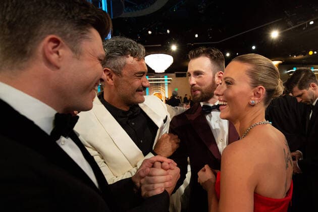 Colin Jost, Taika Waititi, Chris Evans, and nominee Scarlett Johansson at the 77th Annual Golden Globe Awards at the Beverly Hilton in Beverly Hills, CA on Sunday, January 5, 2020.  Copyright: xHFPAxPhotographerx 33938-286PLX