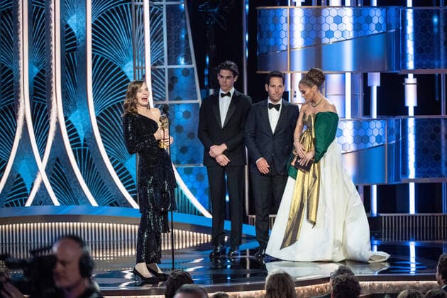 Hildur Gudnadottir accepts the Golden Globe Award for Best Original Score - Motion Picture for Joker from presenters, Paul Rudd and Jennifer Lopez at the 77th Annual Golden Globe Awards at the Beverly Hilton in Beverly Hills, CA on Sunday, January 5, 2020.  Copyright: xHFPAxPhotographerx 33938-373PLX