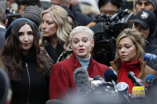 Rose McGowan and other accusers hold a press conference after American film producer Harvey Weinstein arrives at Manhattan Court before the start of his sexual misconduct trial on Monday, January 6, 2020 in New York City. Harvey Weinstein is scheduled to stand trial on rape charges. The criminal trial is expected to begin with jury selection on Tuesday.  NYP20200106118 JOHNxANGELILLO