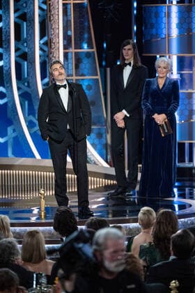 Joaquin Phoenix accepts the Golden Globe Award for Best Performance by an Actor in a Motion Picture - Drama for his role in Joker from presenter Glenn Close at the 77th Annual Golden Globe Awards at the Beverly Hilton in Beverly Hills, CA on Sunday, January 5, 2020.  Copyright: xHFPAxPhotographerx 33938-402PLX
