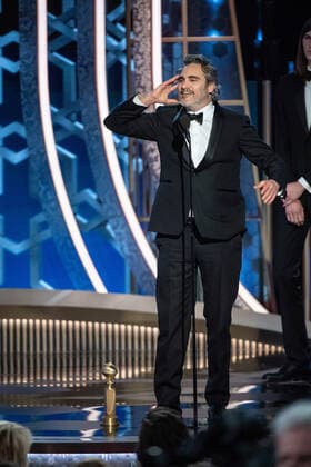 Joaquin Phoenix accepts the Golden Globe Award for Best Performance by an Actor in a Motion Picture - Drama for his role in Joker at the 77th Annual Golden Globe Awards at the Beverly Hilton in Beverly Hills, CA on Sunday, January 5, 2020.  Copyright: xHFPAxPhotographerx 33938-403PLX