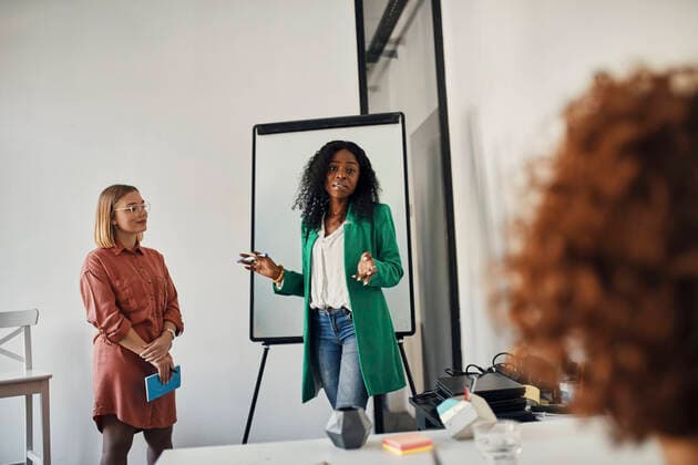 Businesswoman leading a presentation at flip chart in conference room model released Symbolfoto property released  ZEDF02720