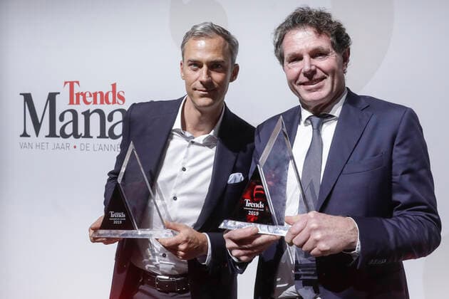 Yvan Verougstraete, CEO of Medi-Market and Onno Van De Solpe, CEO of Galapagos pictured during the award ceremony for the Manager of the Year 2019, Tuesday 07 January 2020 in Brussels. Flemish business magazine Trends and french-speaking counterpart Trends-Tendance have a yearly tradition of electing a Flemish and a french-speaking manager of the year.  THIERRYxROGE 2451796