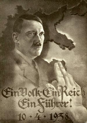 GERMANY 1930s Ein Volk, ein Reich, ein Fuhrer Anonymous illustration for a 1938 German propaganda postcard behind HITLER, map of Germany, including Austria, Greater Germany, celebrating the Anschluss Credit Collection IM KHARBINE TAPABOR  KH184645