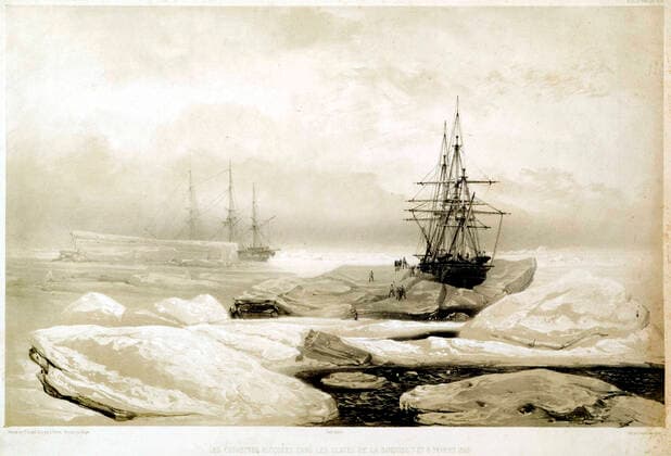 DUMONT D URVILLE Les Corvettes bloquees dans les glaces de la banquise, 7et 8 fevrier 1838 : expedition dans l Antartique de DUMONT D URVILLE (1790-1842). Lithographie illustree par E. GOUPIL. Credit : Collection IM KHARBINE-TAPABOR. *** DUMONT D URVILLE Les Corvettes bloquées dans les glaces de la pacquise, 7et 8 fevrier 1838 expedition dans l Antartique de DUMONT D URVILLE 1790 1842 Lithograph illustrated by E GOUPIL Credit Collection IM KHARBINE TAPABOR  KH185100