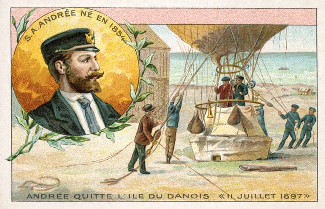 ANDREE Salomon August S A ANDREE 1854 1897 leaves Danish island 11 July 1897 Chromo ca. 1905, anonymous illustration Credit Collection IM KHARBINE TAPABOR  KH192416