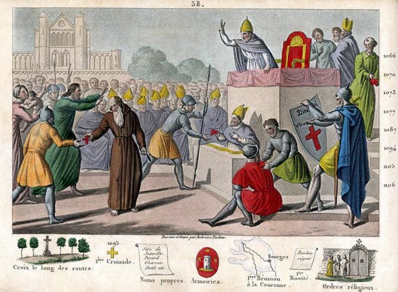 HISTORY OF FRANCE Pope URBAN II advocates the first crusade at the Council of Clermont in 1095 the spectators exclaim Diex el volt Dieu le veut before putting a cross on his shoulder Illustration of 1825 by Ambroise TARDIEU 1788 1841 for History of France represented by synoptic tables by M COLART Credit Collection Jonas Kharbine Tapabor  KH202637