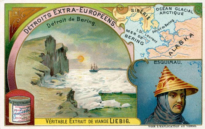 DETROIT DE BERING Bering Strait between Siberia and Alsaka, discovered by the Danish navigator Vitus Bering in 1728 Chromo advertising Liebig of 1906, series entitled Detroits extra europeens Credit Collection IM KHARBINE TAPABOR  KH208011