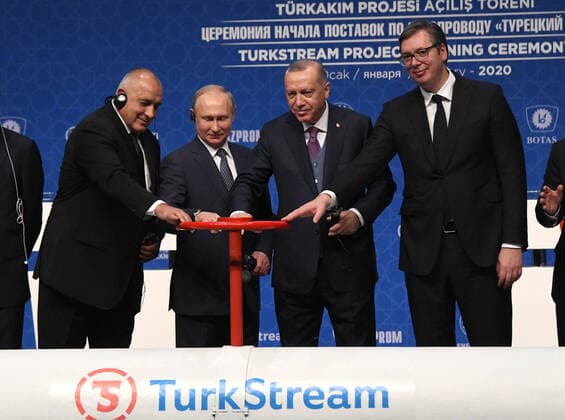 (200108) -- ISTANBUL, Jan. 8, 2020 -- Russian President Vladimir Putin, Turkish President Recep Tayyip Erdogan, Serbian President Aleksandar Vucic and Bulgarian Prime Minister Boyko Borissov attend the inauguration ceremony of the TurkStream project in Istanbul, Turkey, Jan. 8, 2020. The TurkStream project will deliver Russian gas to Turkey and Europe. ) TURKEY-ISTANBUL-RUSSIA-TURKSTREAM-INAUGURATION CEREMONY XuxSuhui 