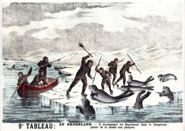 WORLD TOUR TO Greenland He accompanies the Eskimos in the dangerous pleasure of the seal hunt Anonymous lithograph around 1875 for a series of paintings on a child s World Tour Credit Collection Kharbine Tapabor  KH245235
