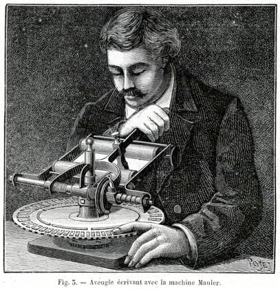 WRITING BRAIL BLIND writing with the Mauler machine Illustration by Poyet 1846 1913 from the magazine La Nature of October 8, 1887 Credit Collection KHARBINE TAPABOR  KH246048