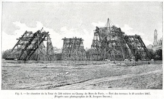 TOUR EIFFEL - Chantier Le chantier de la tour de 300 metres au Champ de Mars de Paris. Etat des travaux le 10 octobre 1887 . Construction de la Tour Eiffel. Illustration d apres Ducom tiree de la revue La Nature du 22 octobre 1887. Credit : Collection KHARBINE-TAPABOR. *** EIFFEL TOWER Building site The building site of the 300-meter tower at the Champ de Mars in Paris State of works on October 10, 1887 Construction of the Eiffel Tower Illustration d apres Ducom from the magazine La Nature of October 22, 1887 Credit Collection KHARBINE TAPABOR  KH246052