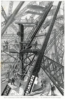 TOUR EIFFEL - Construction Construction de la tour de 300 metres au Champ de Mars de Paris : vue d ensemble d une des grues de montage . Illustration par Poyet (1846-1913) tiree de la revue La Nature du 12 novembre 1887. Credit : Collection KHARBINE-TAPABOR. *** TOWER EIFFEL Construction Construction of the 300-metre tower at the Champ de Mars in Paris overview of one of the assembly cranes Illustration by Poyet 1846 1913 from the magazine La Nature of 12 November 1887 Credit Collection KHARBINE TAPABOR  KH246060