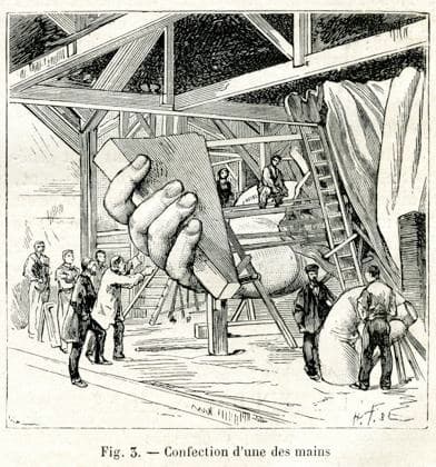 STATUE DE LA LIBERTE Construction d une des mains de la Statue de la Liberte. Illustration tiree de la revue La Nature du 30 octobre 1886. Credit : Collection KHARBINE-TAPABOR. *** STATUE OF FREEDOM Construction of one of the hands of the Statue of Liberty Illustration from the magazine La Nature of October 30, 1886 Credit Collection KHARBINE TAPABOR  KH246364