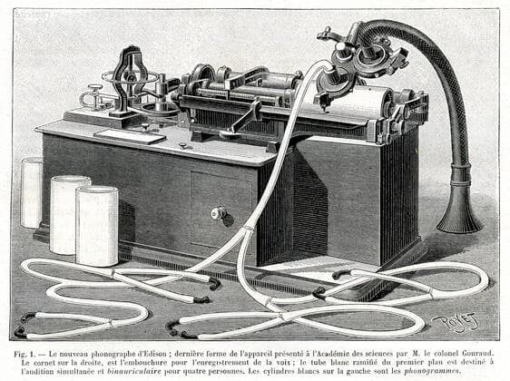 PHONOGRAPHE XIXeme s. Le nouveau phonographe d Edison, derniere forme de l appareil presente a l Academie des sciences par le colonel Gouraud . Illustration par Poyet (1846-1913) tiree de la revue La Nature du 4 mai 1889. Credit : Collection KHARBINE-TAPABOR. *** PHONOGRAPH XIXth c The new Edison phonograph, last form of the apparatus presented to the Academy of Sciences by Colonel Gouraud Illustration by Poyet 1846 1913 taken from the magazine La Nature of May 4, 1889 Credit Collection KHARBINE TAPABOR  KH246550