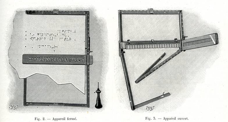 BLIND WRITING Apparatus for writing for the blind Illustration by Poyet 1846 1913 from the magazine La Nature of 22 February 1902 Credit Collection KHARBINE TAPABOR see kh249806  KH249807