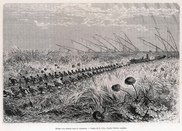 IMAGO History, Ende des afrikanischen Sklavenhandels und die Abschaffung der Sklaverei: 1807-1888 ESCLAVAGE Halage d un steamer dans la vegetation. Illustration de Edouard RIOU (1833-1900) pour Ismailia Recit d une expedition armee dans l Afrique centrale pour la supopression de la traite des noirs par Samuel White BAKER (1821-1893) repris dans Le Tour du Monde de 1875. Credit : Collection Kharbine-Tapabor *** SLAVAGE Towing a steamer in the vegetation Illustration by Edouard RIOU 1833 1900 for Ismailia Recit of an armed expedition to Central Africa for the suppression of the black slave trade by Samuel White BAKER 1821 1893 reprinted in Le Tour du Monde de 1875 Credit Collection Kharbine Tapabor  KH252749