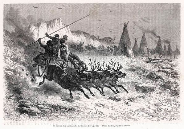 POLE NORD En traineau chez les Samoiedes de Caborova. Illustration de Edouard RIOU (1833-1900) pour Expedition polaire suedoise par Adolf Erik NORDENSKIOLD (1832-1901) repris dans Le Tour du Monde de 1877. Credit : Collection Kharbine-Tapabor *** NORTH POLE By sleigh at the Samoiedes de Caborova Illustration by Edouard RIOU 1833 1900 for Swedish Polar Expedition by Adolf Erik NORDENSKIOLD 1832 1901 included in Le Tour du Monde de 1877 Credit Collection Kharbine Tapabor  KH254005