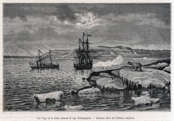 POLE NORD La Vega et la Luna saluant le cap Tsheljuskin. Illustration pour Voyage de la Vega autour de l Asie et de l Europe par Adolf Erik NORDENSKIOLD (1832-1901) repris dans Le Tour du Monde de 1882. Credit : Collection Kharbine-Tapabor *** NORTH POLE La Vega et la Luna saluting Cape Tsheljuskin Illustration for Voyage de la Vega autour de l Asie et de l Europe by Adolf Erik NORDENSKIOLD 1832 1901 included in Le Tour du Monde de 1882 Credit Collection Kharbine Tapabor  KH254129