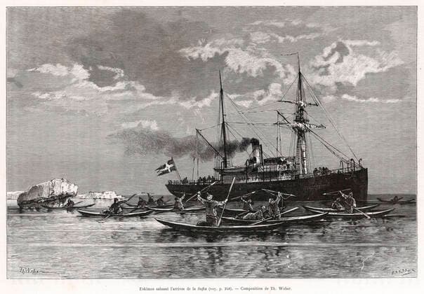 POLE NORD Eskimos saluant l arrivee de la Sofia. Illustration de Theodor WEBER (1838-1907) pour la nouvelle expedition du professeur NORDENSKIOLD (1832-1901) repris dans Le Tour du Monde de 1886. Credit : Collection Kharbine-Tapabor. *** NORTH POLE Eskimos greeting the arrival of the Sofia Illustration by Theodor WEBER 1838 1907 for the new expedition of Professor NORDENSKIOLD 1832 1901 included in The Round the World Tour of 1886 Credit Collection Kharbine Tapabor  KH254528