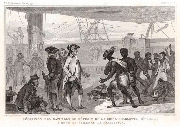 COOKS TRIPS Reception by Captain James Cook aboard the ship Resolution of the naturals of the Detroit of Queen Charlotte New Zealand Anonymous illustration for Voyage by James COOK 1728 1779 reprinted in 1841 in Voyages around the World by William SMITH Credit Coll Jonas KHARBINE TAPABOR  KH257302