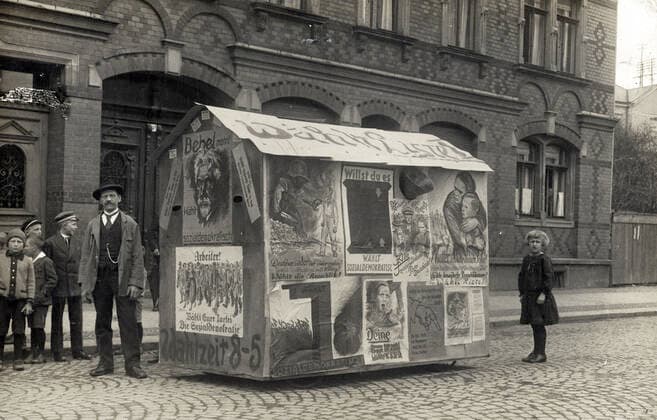 GERMANY years 10 Propaganda barrack lined with political posters for the SPD Postcard circa 1910 Credit IM KHARBINE TAPABOR  KH258387